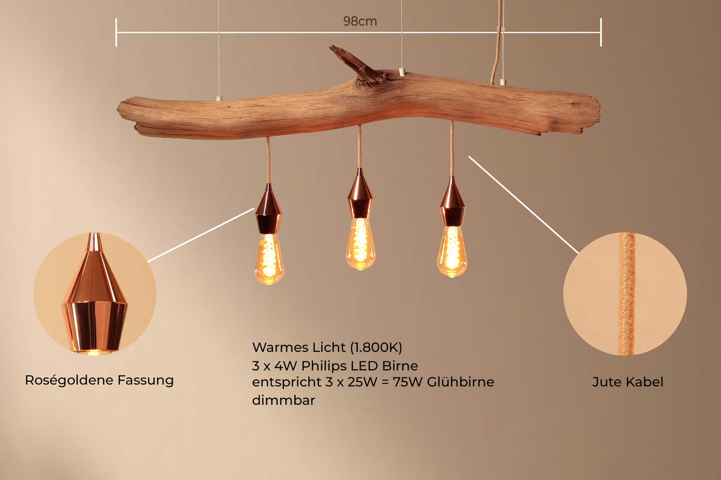 Dining table lamp - handmade unique piece - 98cm oak branch - LED retro