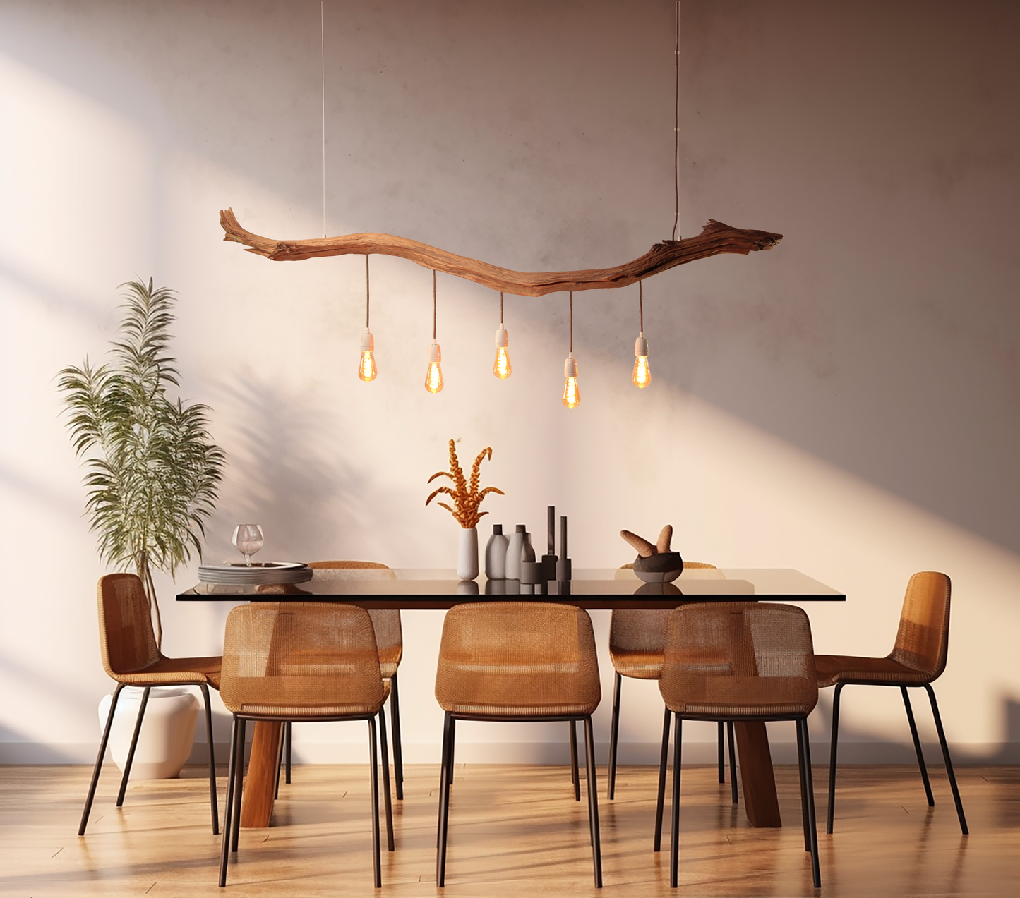 Dining table lamp - handmade unique piece - 190cm oak branch - LED retro