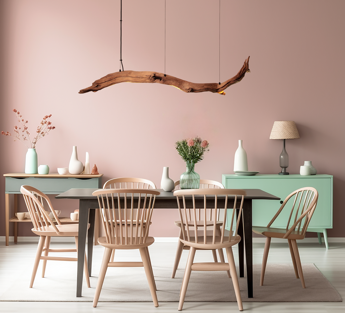LED dining table lamp - handmade unique piece - 138cm oak branch