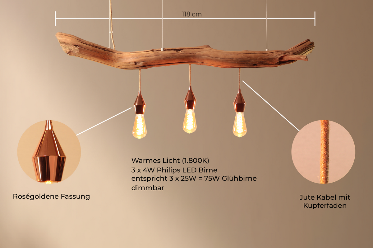 Dining table lamp / 118 cm oak branch / "The perfect complexion"