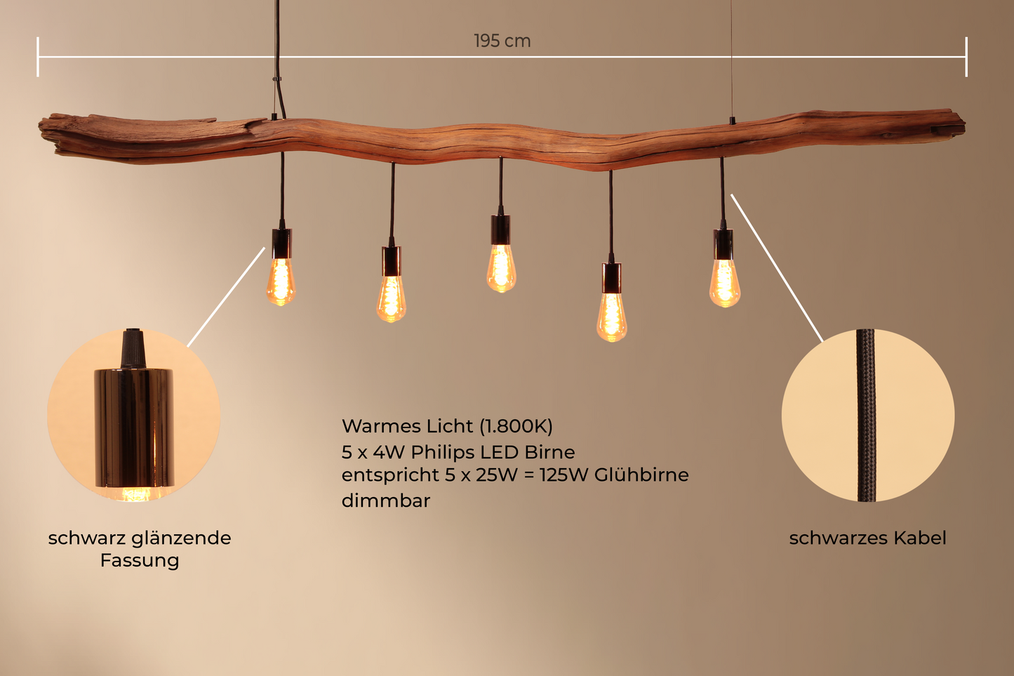 Dining table lamp / 195 cm oak branch / "Between light and dark"