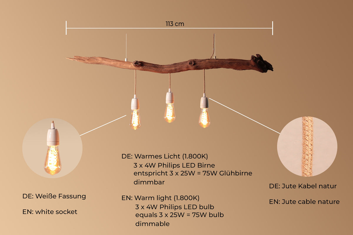 Hängelampe / 113cm langer Eichenast / Einzelstück / Holz / Ast / Pendelleuchte / Esstisch / Deckenlampe / Küchentischlampe / modern