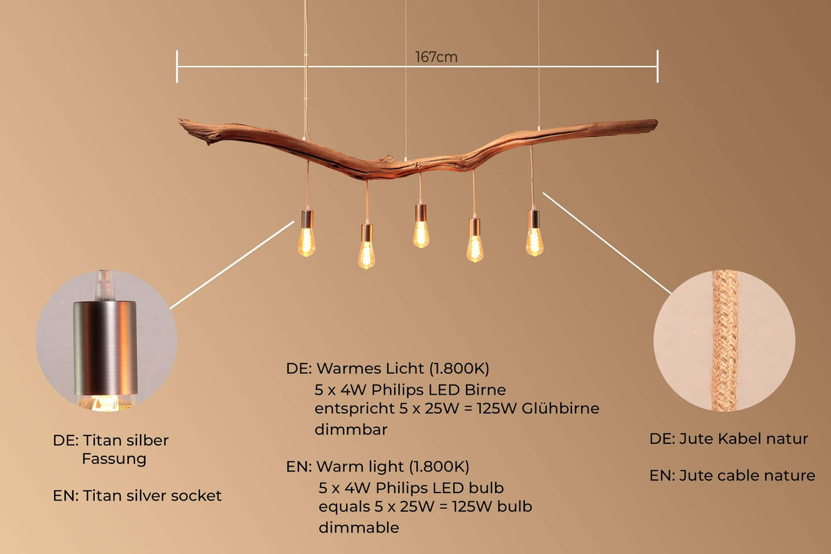 Hängelampe / 167cm langer Eichenast / Einzelstück / Holz / Ast / Pendelleuchte / Esstisch / Deckenlampe / Küchentischlampe / modern